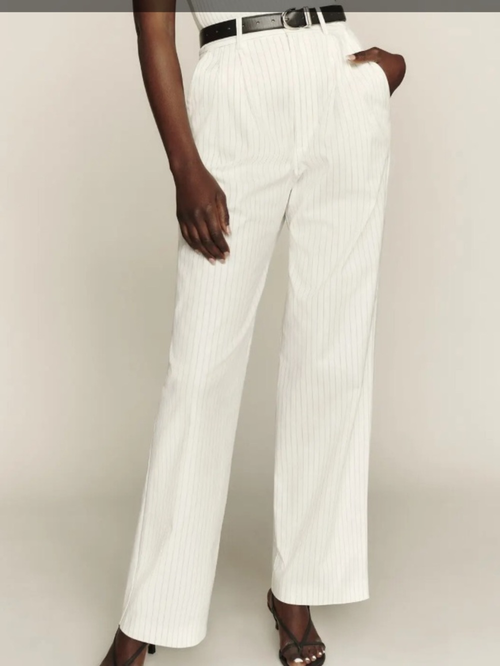 Reformation White Trousers with black Pinstripes